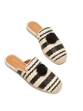 NWT Kate Spade Solero Raffia Slip On Boho Square Toe Pom Pom Espadrilles Size 8